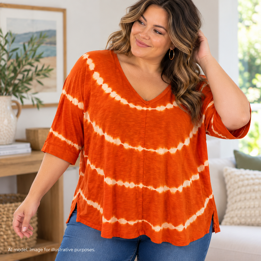 J Jill Shirt Womens XL Orange Rust Tie Die Funky Boho Hygge Batwing Tencel Slub